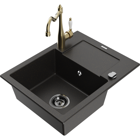 Mexen Enzo 1-bowl granite sink with drainer and kitchen faucet Carla, black/golden metallic - 6506-75-670700-50-B
