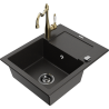 Mexen Enzo 1-bowl granite sink with drainer and Carla kitchen faucet, black/gold metallic - 6506-75-670700-50-B