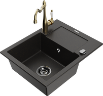 Mexen Enzo 1-compartment granite sink with a drip tray and kitchen mixer tap Carla, Black/Gold metallic - 6506-75-670700-50-B