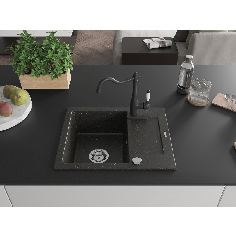 Mexen Enzo granite kitchen sink single-bowl with drainer and kitchen faucet Carla, black/gold metallic - 6506-75-670700-70