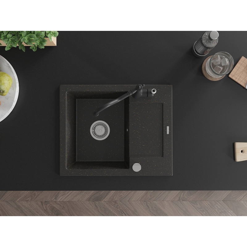 Mexen Enzo granite kitchen sink single-bowl with drainer and kitchen faucet Carla, black/gold metallic - 6506-75-670700-70