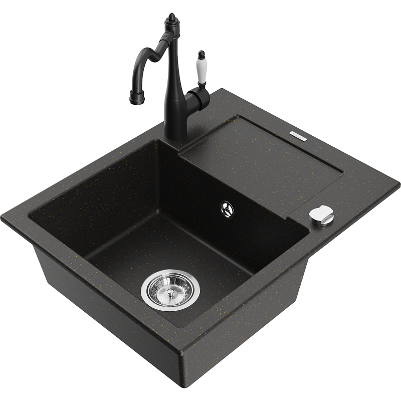 Mexen Enzo 1-bowl granite sink with drainer and Carla kitchen tap, black/gold metallic - 6506-75-670700-70