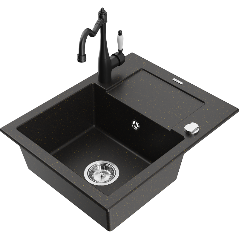 Mexen Enzo 1-compartment granite sink with a drip tray and kitchen mixer tap Carla, Black/Gold metallic - 6506-75-670700-70