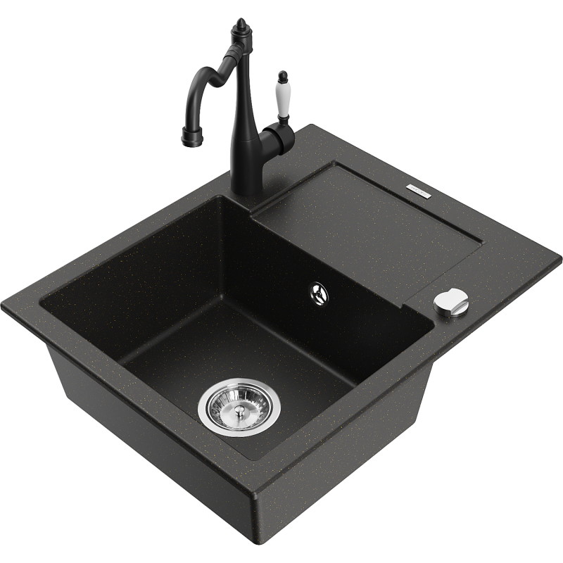 Mexen Enzo granite 1-chamber sink with drainer and kitchen faucet Carla, black/gold metallic - 6506-75-670700-70
