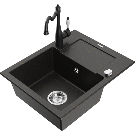 Mexen Enzo 1-bowl granite sink with drainer and Carla kitchen tap, black/gold metallic - 6506-75-670700-70