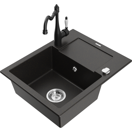 Mexen Enzo granite kitchen sink single-bowl with drainer and kitchen faucet Carla, black/gold metallic - 6506-75-670700-70