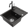 Mexen Enzo granite kitchen sink single-bowl with drainer and kitchen faucet Carla, black/gold metallic - 6506-75-670700-70