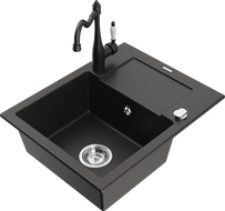 Mexen Enzo 1-compartment granite sink with a drip tray and kitchen mixer tap Carla, Black/Gold metallic - 6506-75-670700-70