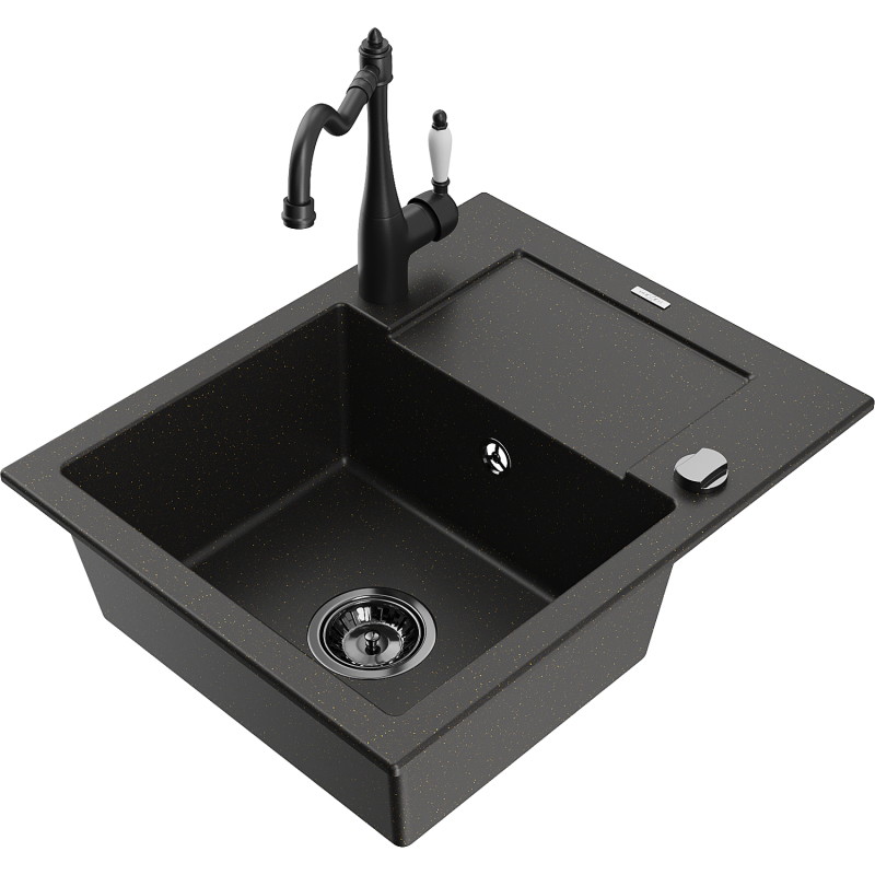 Mexen Enzo 1-Bowl Granite Sink with Drainer and Carla Kitchen Faucet, Black/Gold Metallic - 6506-75-670700-70-B
