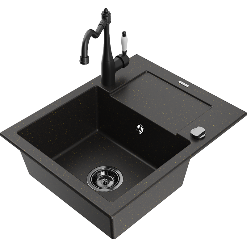 Mexen Enzo 1-compartment granite sink with a drip tray and kitchen mixer tap Carla, Black/Gold metallic - 6506-75-670700-70-B