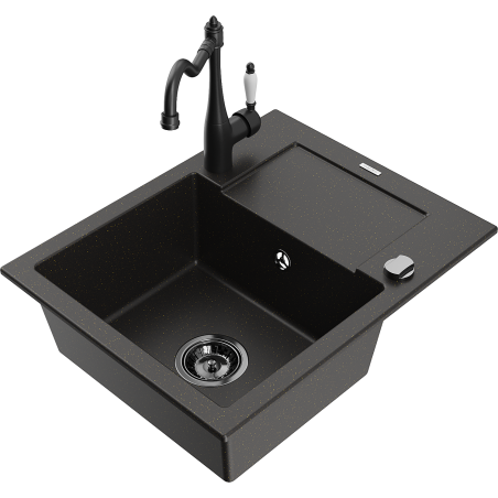Mexen Enzo granite kitchen sink 1-bowl with drainer and kitchen faucet Carla, black/gold metallic - 6506-75-670700-70-B