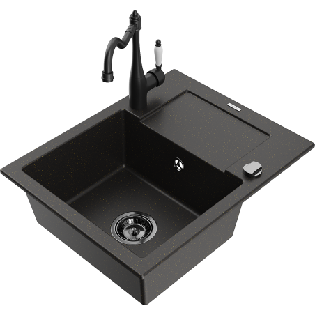 Mexen Enzo granite sink 1-bowl with drainer and Carla kitchen tap, black/gold metallic - 6506-75-670700-70-B