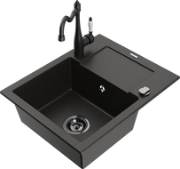 Mexen Enzo granite sink 1-bowl with drainer and Carla kitchen tap, black/gold metallic - 6506-75-670700-70-B