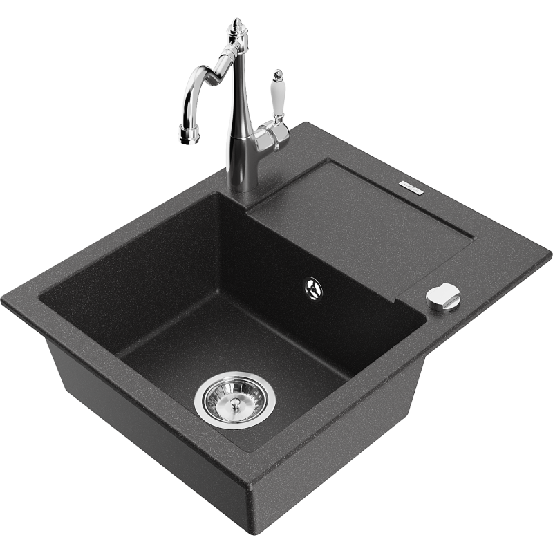 Mexen Enzo 1-compartment granite sink with a drip tray and kitchen mixer tap Carla, spotted black - 6506-76-670700-00