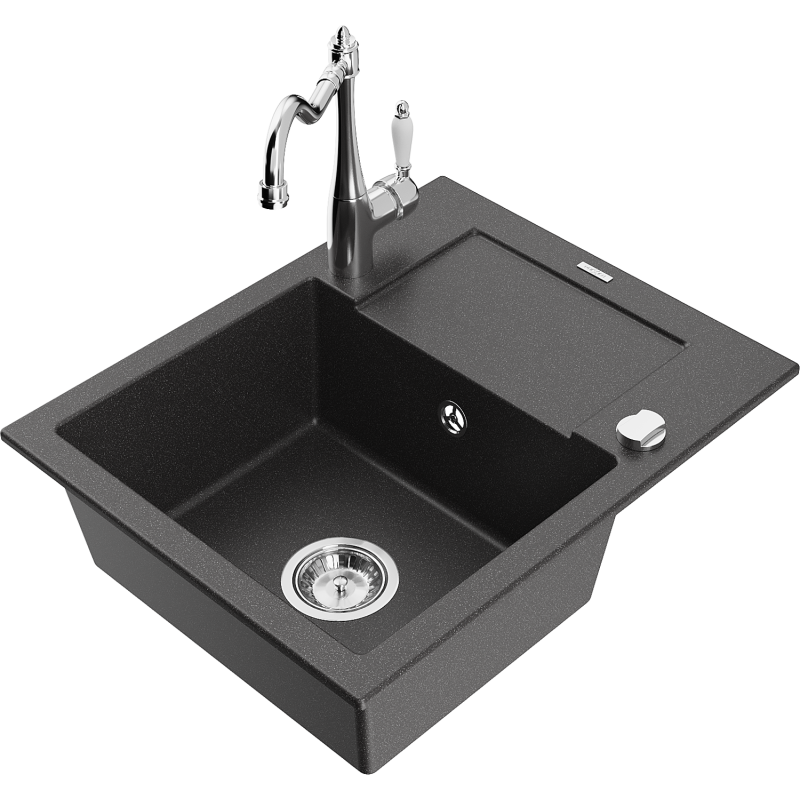 Mexen Enzo granite sink 1-bowl with drainer and Carla kitchen tap, black speckled - 6506-76-670700-00
