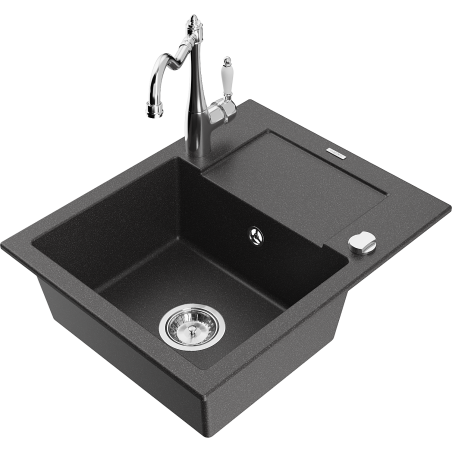 Mexen Enzo 1-compartment granite sink with a drip tray and kitchen mixer tap Carla, spotted black - 6506-76-670700-00