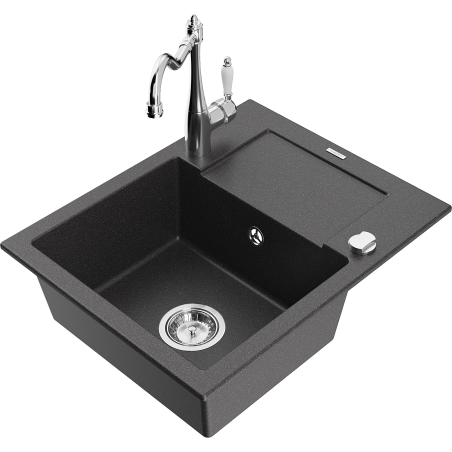 Mexen Enzo granite kitchen sink 1-bowl with drainer and kitchen faucet Carla, black speckled - 6506-76-670700-00