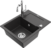 Mexen Enzo granitic single-bowl kitchen sink with drainer and Carla kitchen faucet, black speckled - 6506-76-670700-00