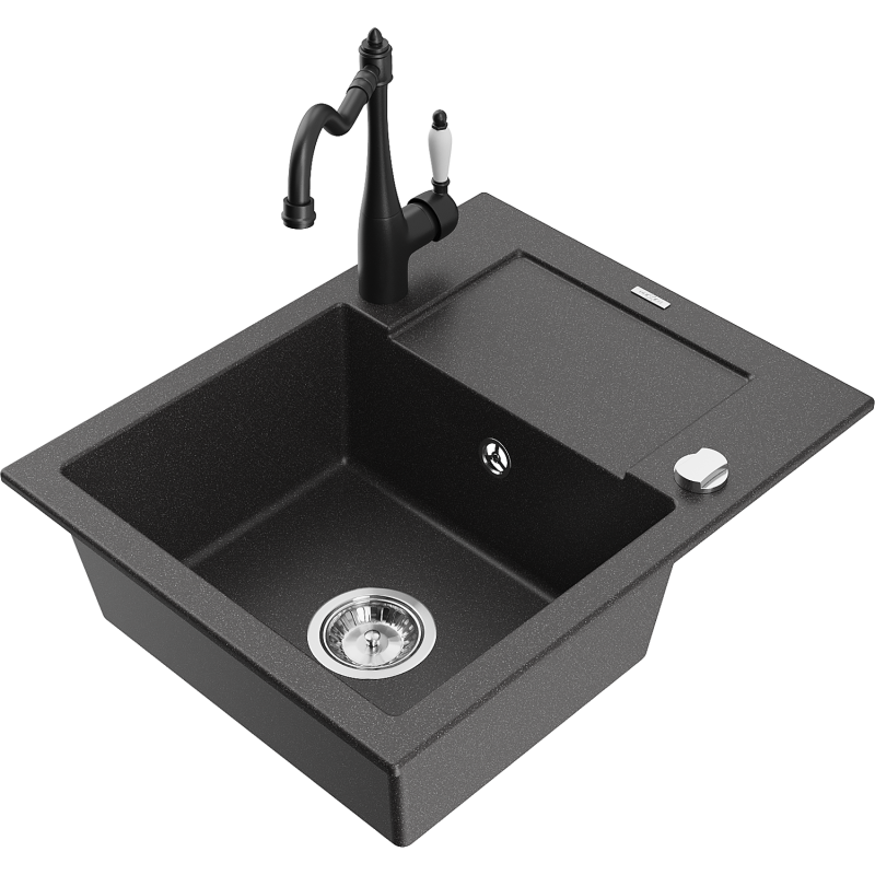 Mexen Enzo 1-compartment granite sink with a drip tray and kitchen mixer tap Carla, spotted black - 6506-76-670700-70