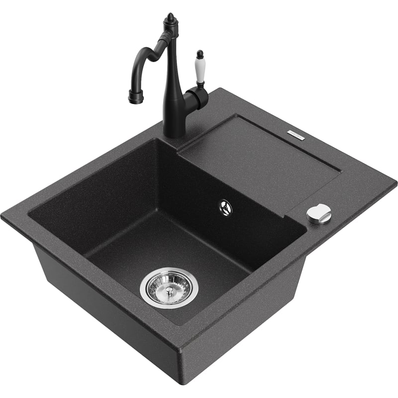 Mexen Enzo granite kitchen sink 1-bowl with drainer and Carla kitchen faucet, speckled black - 6506-76-670700-70