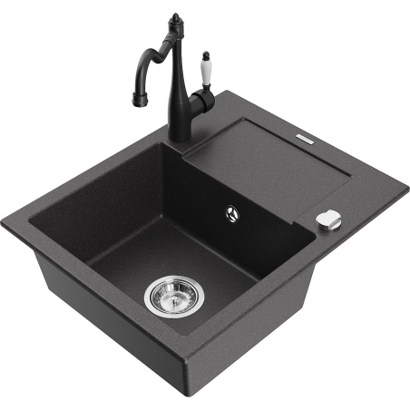 Mexen Enzo granite kitchen sink 1-bowl with drainer and Carla kitchen faucet, speckled black - 6506-76-670700-70