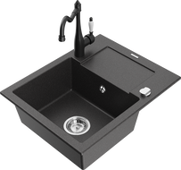 Mexen Enzo 1-compartment granite sink with a drip tray and kitchen mixer tap Carla, spotted black - 6506-76-670700-70