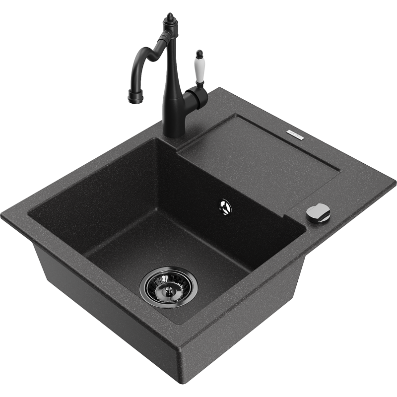 Mexen Enzo 1-compartment granite sink with a drip tray and kitchen mixer tap Carla, spotted black - 6506-76-670700-70-B