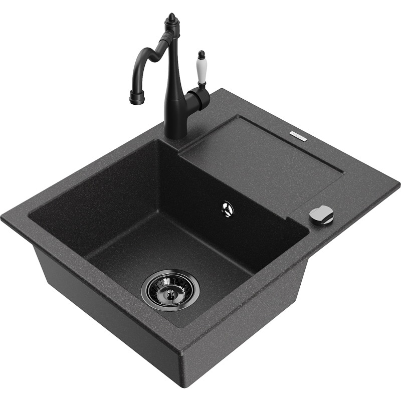 Mexen Enzo granite kitchen sink single-bowl with drainer and kitchen faucet Carla, black speckled - 6506-76-670700-70-B