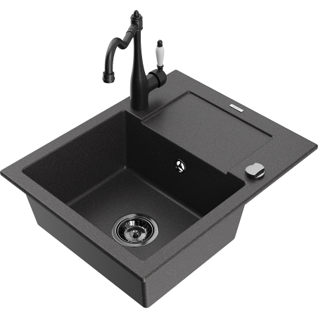 Mexen Enzo 1-bowl granite sink with drainer and Carla kitchen faucet, speckled black - 6506-76-670700-70-B