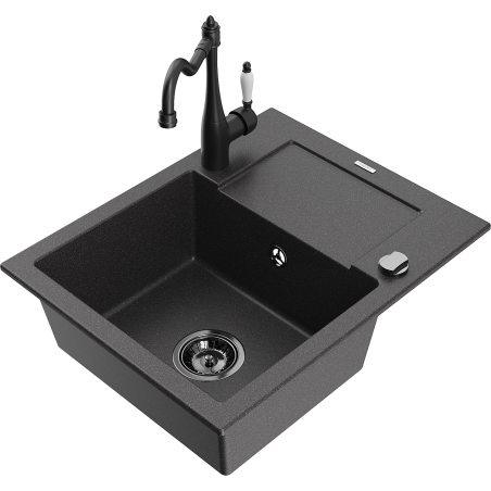 Mexen Enzo granite kitchen sink single-bowl with drainer and kitchen faucet Carla, black speckled - 6506-76-670700-70-B
