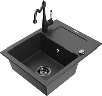 Mexen Enzo granite sink 1-bowl with drainer and Carla kitchen tap, speckled black - 6506-76-670700-70-B