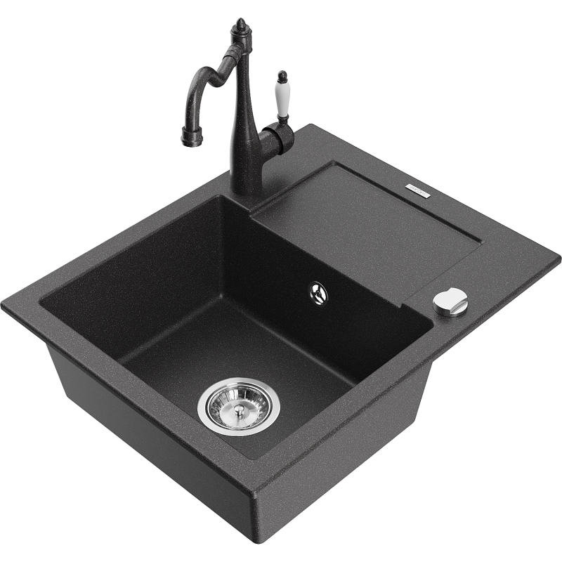 Mexen Enzo 1-bowl granite sink with drainer and Carla kitchen tap, speckled black - 6506-76-670700-76