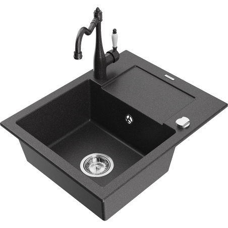 Mexen Enzo 1-bowl granite sink with drainer and Carla kitchen tap, speckled black - 6506-76-670700-76