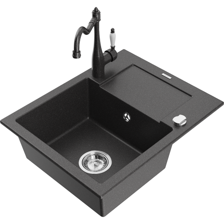 Mexen Enzo 1-compartment granite sink with a drip tray and kitchen mixer tap Carla, spotted black - 6506-76-670700-76