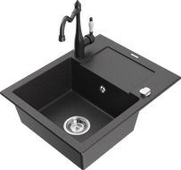 Mexen Enzo 1-Bowl Granite Sink with Drainer and Kitchen Faucet Carla, Speckled Black - 6506-76-670700-76