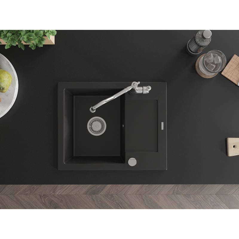 Mexen Enzo granite kitchen sink with 1 bowl, drainer, and Carla kitchen faucet, black - 6506-77-670700-00