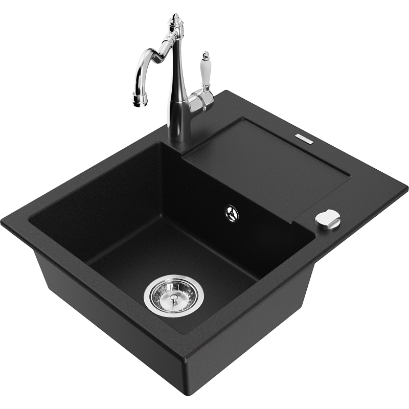 Mexen Enzo 1-bowl granite sink with drainer and Carla kitchen faucet, black - 6506-77-670700-00
