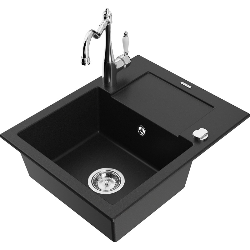 Mexen Enzo granite kitchen sink 1-bowl with drainer and kitchen faucet Carla, black - 6506-77-670700-00