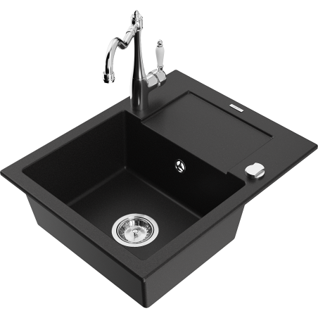 Mexen Enzo 1-bowl granite sink with drainer and Carla kitchen faucet, black - 6506-77-670700-00