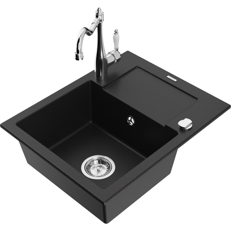 Mexen Enzo 1-compartment granite sink with a drip tray and kitchen mixer tap Carla, Black - 6506-77-670700-00