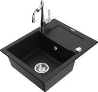 Mexen Enzo granite kitchen sink 1-bowl with drainer and kitchen faucet Carla, black - 6506-77-670700-00
