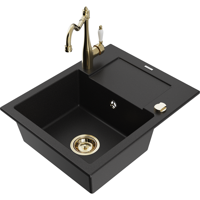Mexen Enzo 1-bowl granite sink with drainer and Carla kitchen tap, black - 6506-77-670700-50