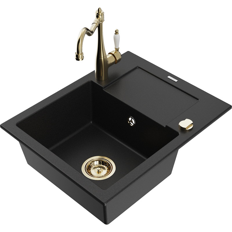 Mexen Enzo 1-bowl granite sink with drainer and kitchen faucet Carla, black - 6506-77-670700-50