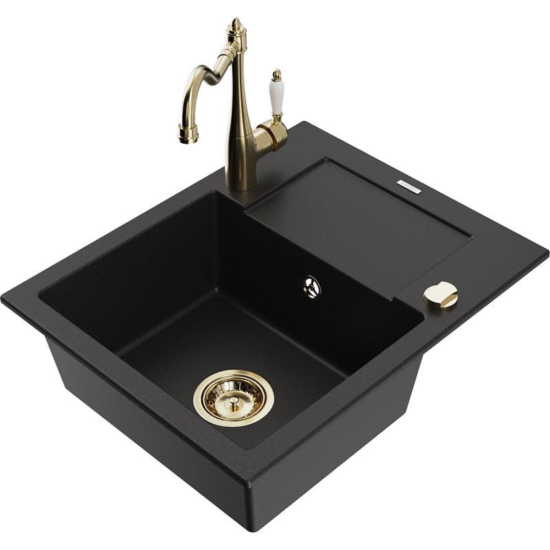 Mexen Enzo granite kitchen sink with one basin, drainer, and kitchen faucet Carla, black - 6506-77-670700-50