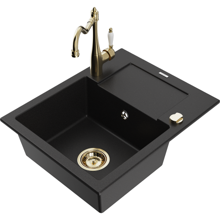 Mexen Enzo 1-bowl granite sink with drainer and Carla kitchen tap, black - 6506-77-670700-50