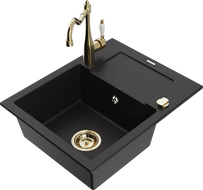 Mexen Enzo 1-compartment granite sink with a drip tray and kitchen mixer tap Carla, Black - 6506-77-670700-50