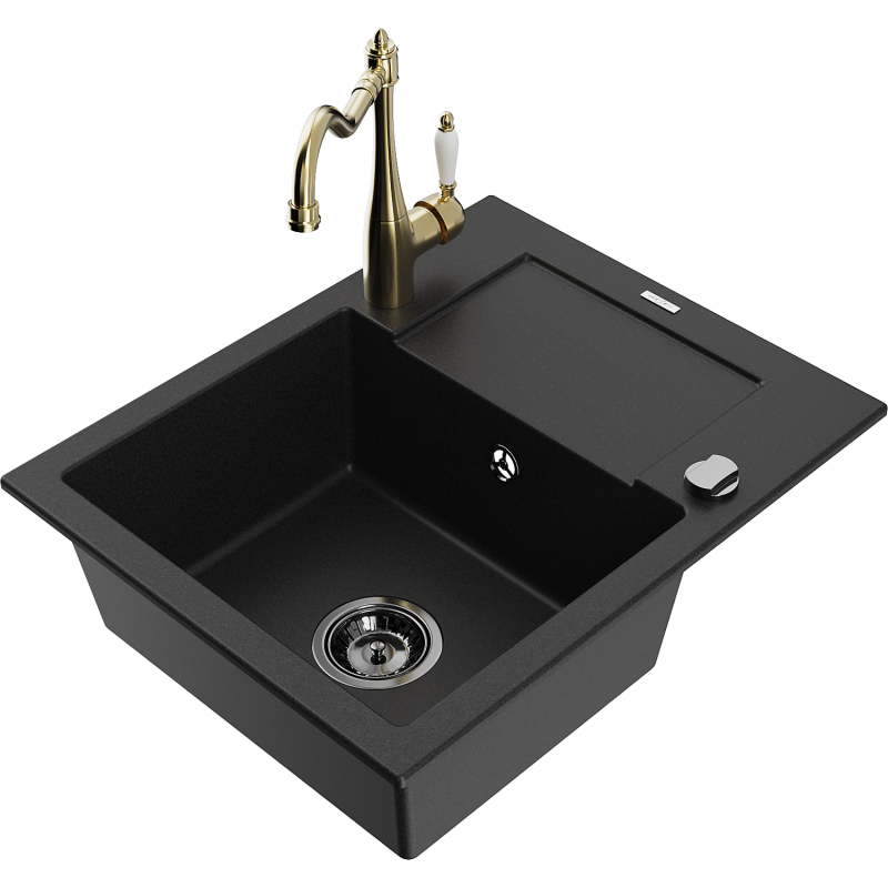 Mexen Enzo 1-bowl granite sink with drainer and Carla kitchen tap, black - 6506-77-670700-50-B