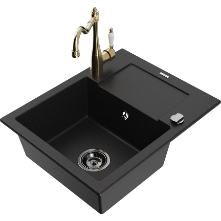 Mexen Enzo 1-bowl granite sink with drainer and Carla kitchen tap, black - 6506-77-670700-50-B