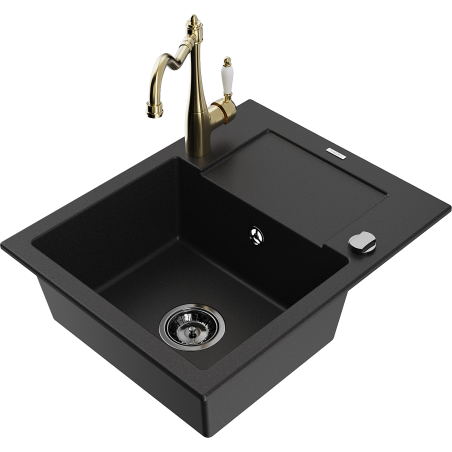 Mexen Enzo 1-compartment granite sink with a drip tray and kitchen mixer tap Carla, Black - 6506-77-670700-50-B