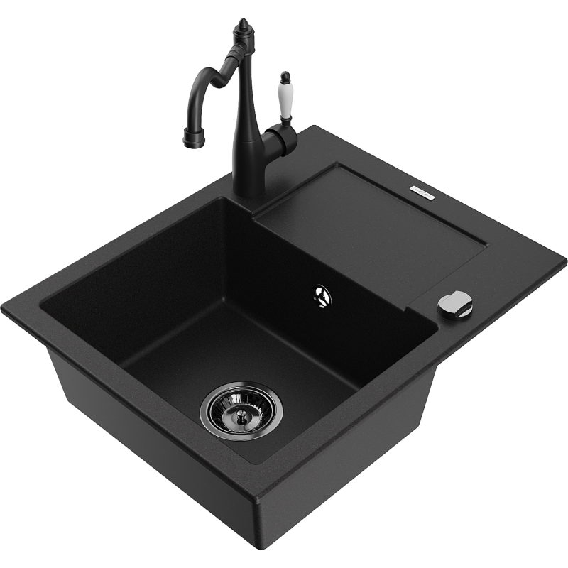 Mexen Enzo 1-compartment granite sink with a drip tray and kitchen mixer tap Carla, Black - 6506-77-670700-70-B